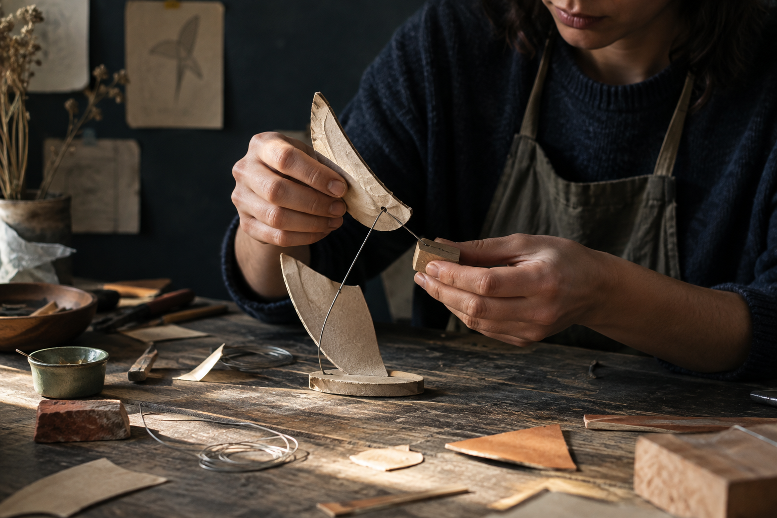 Una persona assembla un piccolo prototipo in carta e legno