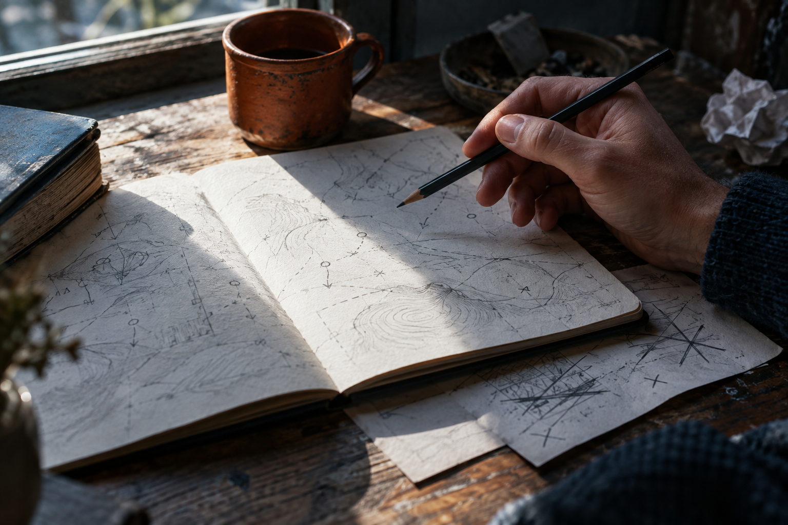 Una mano sospesa con una matita sopra un quaderno di schizzi